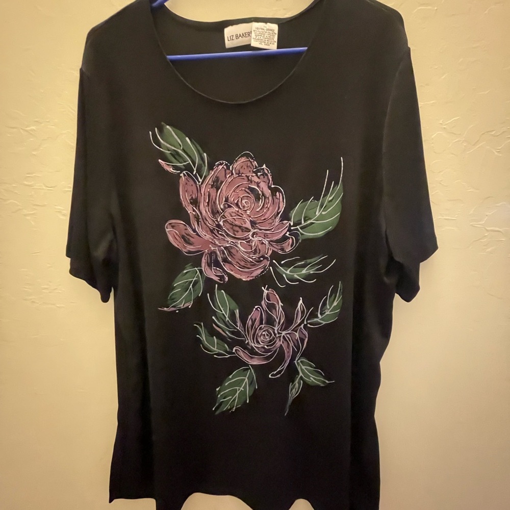 Vintage Liz Baker Black Top with Pink Floral Design 1X